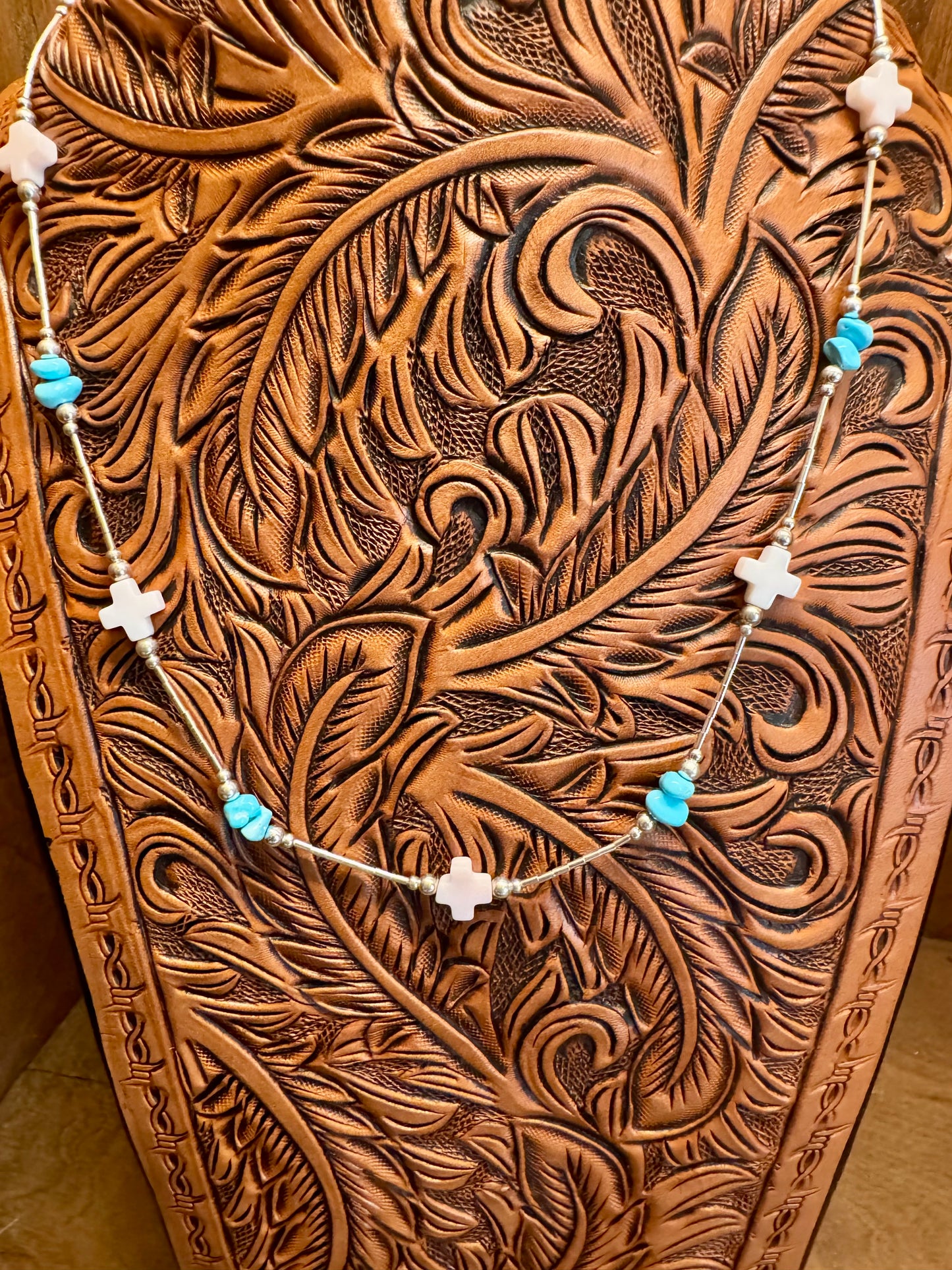 Liquid Silver Beaded Necklace with Conch and Turquoise Beads