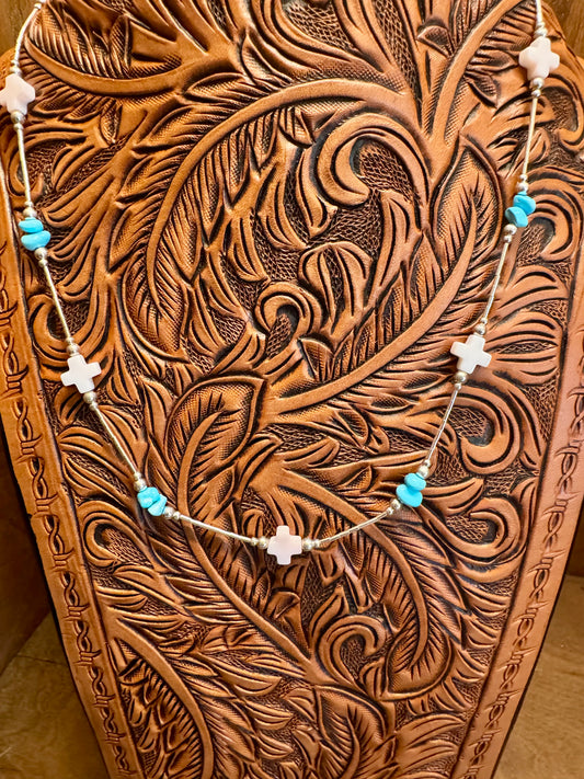 Liquid Silver Beaded Necklace with Conch and Turquoise Beads